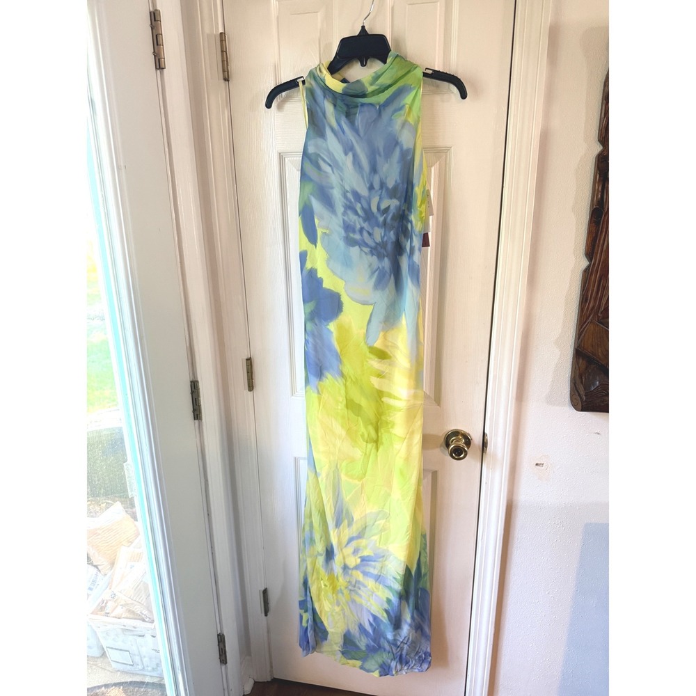 AQUA Citrine Printed Chiffon Maxi Dress Floral Cowl Neck A26480 Size 10 NEW